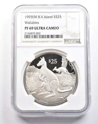 1993年 FM イギリス領ヴァージン諸島 25ドル シルバー ワラビー PF69 UCAM NGC *4940｜WORLD RESOURCE【KING店】