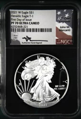 2021年 地金 シルバー イーグル NGC PF-70 ウルトラカメオ 紋章付きイーグル T-1 初日｜WORLD RESOURCE【KING店】