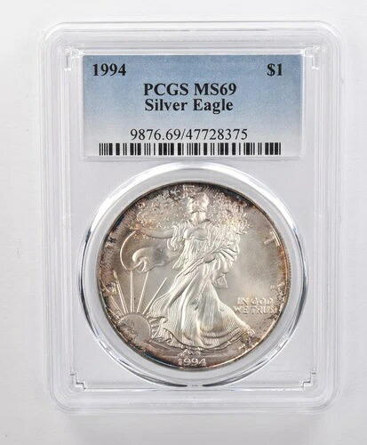 MS69 1994年 アメリカンシルバーイーグル PCGS ブルーペリフェラルトーニング *1673|WORLD RESOURCE【KING店】