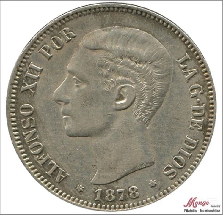 スペイン 5ペセタ 1878年 (*18*78) Dem - 25 Gr. 銀 - 緑青 Ebc Alfonso XII|WORLD RESOURCE【KING店】