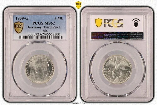 ナチス コイン - PCGS MS62 1939-G 2 Mk ライヒスマルク ヒンデンブルク J-366 シルバー ドイツ 300|WORLD RESOURCE【KING店】