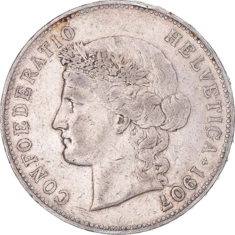 [#344362] コイン、スイス、5フラン、1907年、ベルン、VF、銀、KM:34 130,350円