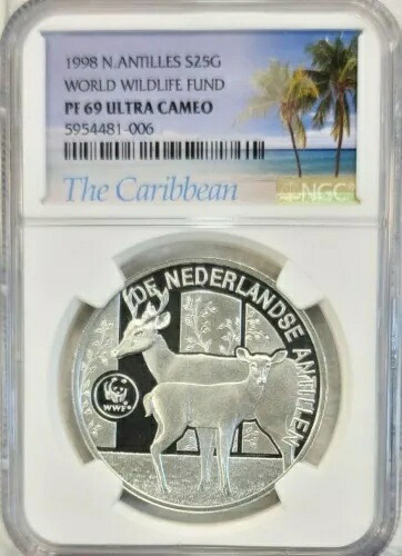 1998年 アンティル諸島 シルバー 25 ゴールデン ホワイトテイル 雄鹿＆雌鹿 NGC PF 69 ウルトラ カメオ トップ｜WORLD RESOURCE【KING店】