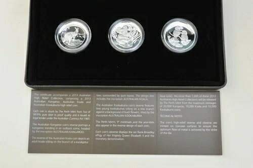 2013年 オーストラリア ハイレリーフ コイン3枚セット 1ドル銀貨 1オンス コアラ カンガルー ワライカワセミ|WORLD RESOURCE【KING店】