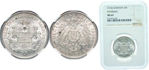ドイツ 1914 J 2 マーク シルバー 900 NGC MS 62