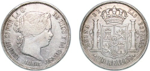 スペイン 1856年 20レアル 銀貨 900 XF