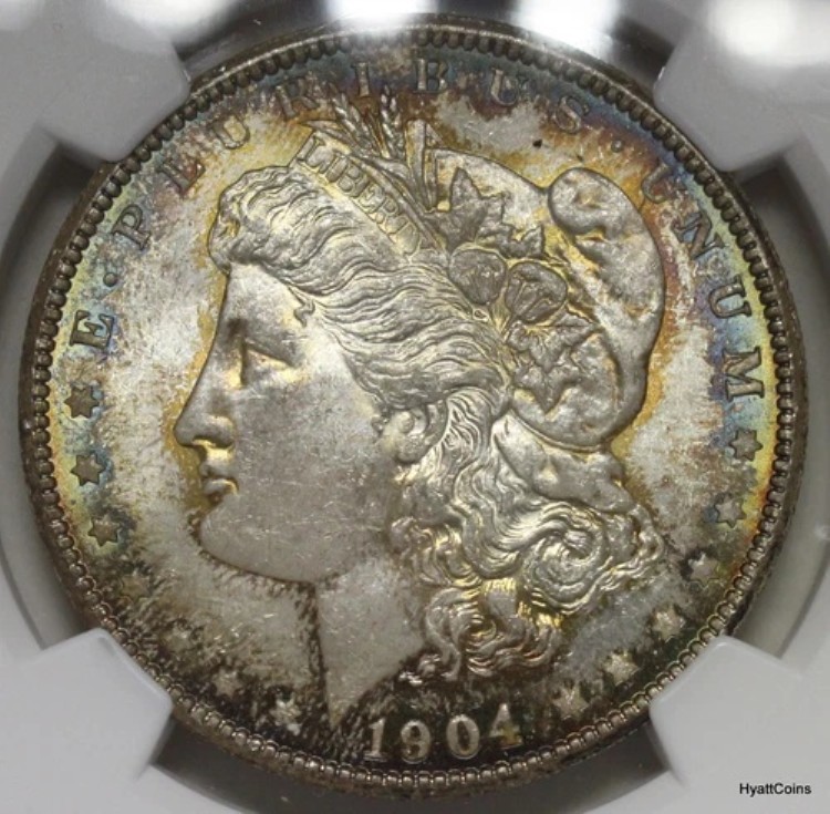 1904-O モルガン銀貨 $1 NGC MS64 レインボートーン 鮮やかな色調