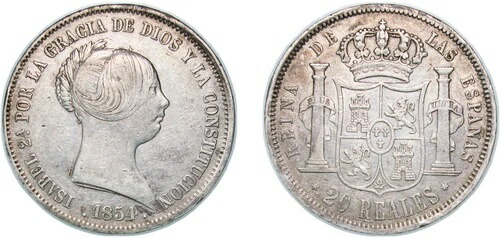 スペイン 1854年 20レアル 銀貨 900 XF