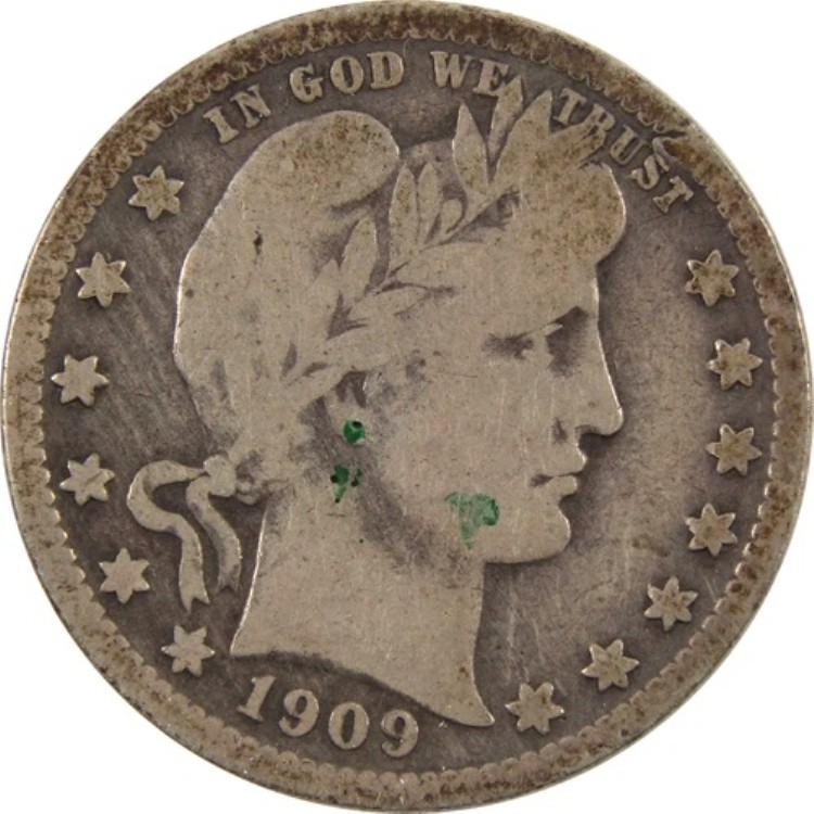 1909年 O バーバー クォーター VG/F 非常に良好な状態 90% シルバー 25セント SKU:I10279|WORLD RESOURCE【KING店】
