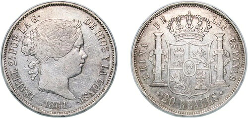 スペイン 1861年 20レアル 銀貨 900 XF｜WORLD RESOURCE【KING店】