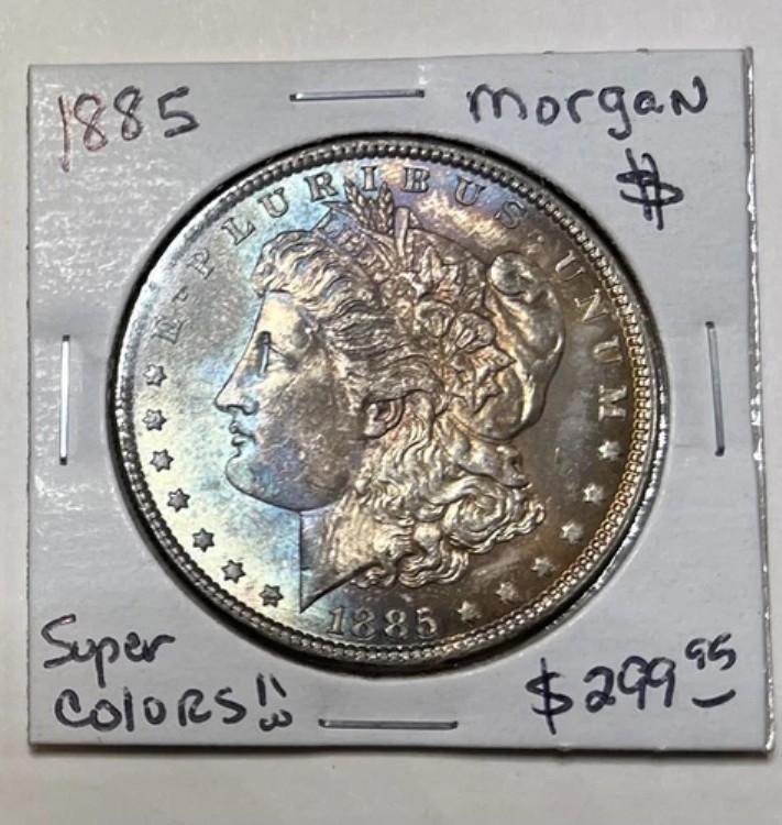 1885 年モルガン銀貨 1 ドル、ゴージャスなモンスターレインボートーニング!!!｜WORLD RESOURCE【KING店】