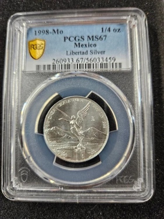 ?? 1998年キーデートメキシコシルバーリベルタッド1/4オンスPCGS MS67！高グレード希少！