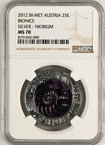 オーストリア 2012年 ビオニック 25ユーロ 銀+ニオブ 二金属コイン NGC MS70｜WORLD RESOURCE【KING店】