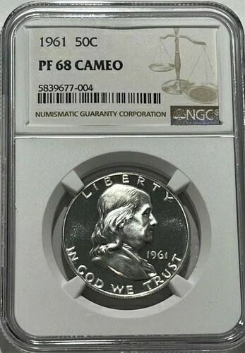 1961 NGC PF68 カメオ プルーフ フランクリン ハーフ ドル ホワイト コイン 50 セント 90% シルバー W Lbl