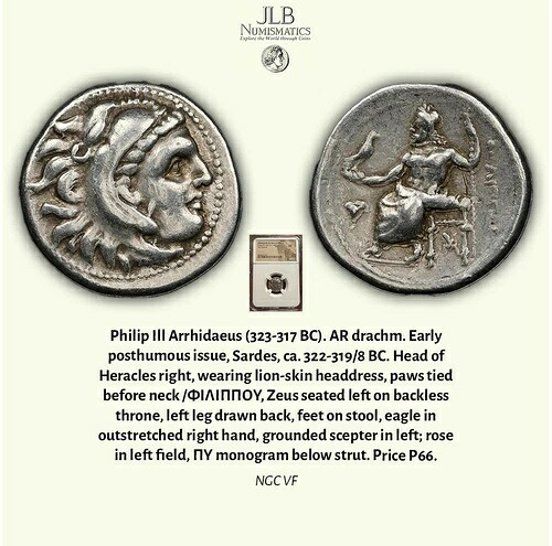 フィリップ3世アリダイオス 紀元前323-317年 ドラクマ銀貨、アレクサンダー大王、NGC VF｜WORLD RESOURCE【KING店】