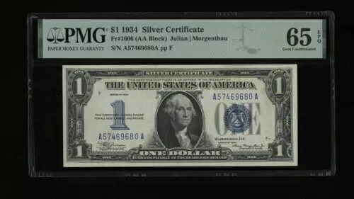 DBR 1934 $1 シルバー ファニーバック Fr. 1606 AA ブロック ジェム PMG 65 EPQ シリアル A57469680A