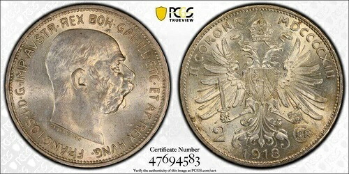 オーストリア、シルバー 2 コロナ 1913 - PCGS MS 64、RAREP|WORLD RESOURCE【KING店】