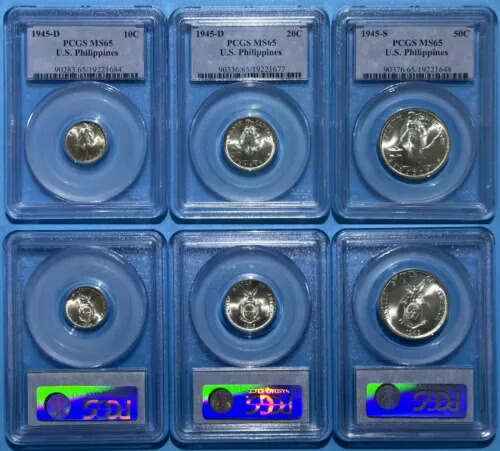 フィリピン US 1945 D S 10 20 50 センターボ 素晴らしい PCGS MS 65 3 銀貨セット