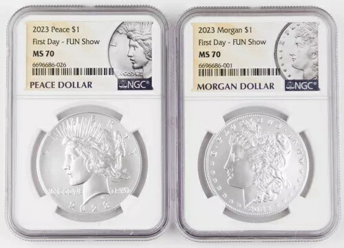 2023年 モルガン＆ピース シルバーダラー 1ドル 2枚セット NGC MS70 FUNショー初日