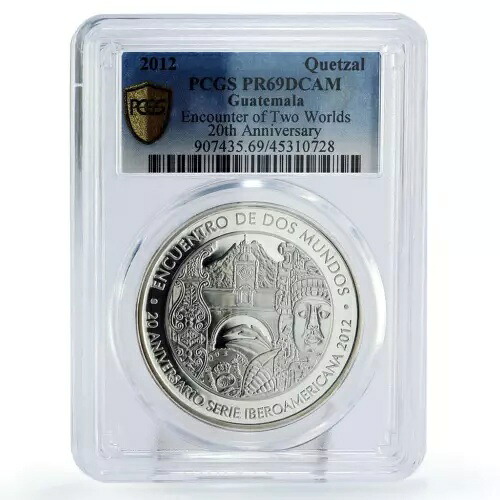 グアテマラ 1ケツァル 20周年記念 二つの世界の出会い PR69 PCGS 銀貨 2012年