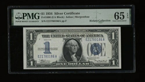 DBR 1934 $1 シルバー ファニーバック Fr. 1606 EA ブロック ジェム PMG 65 EPQ シリアル E21780186A