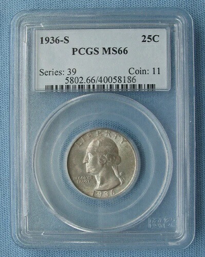 1936-S ワシントン クォーター - PCGS グレード MS66 (25C シルバー)