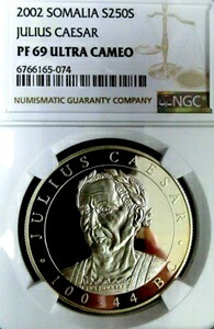 NGC PF69 UC-ソマリア 2002年 ジュリアス・シーザー 銀貨 250シリング ほぼ完璧なプルーフ