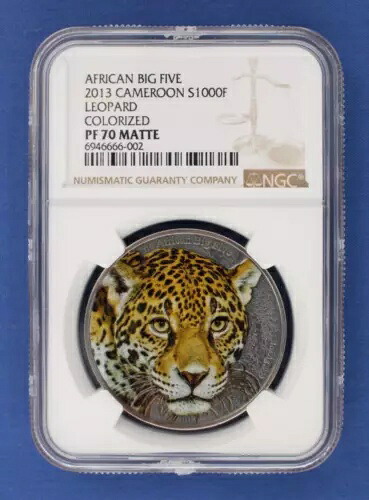 2013年 カメルーン 1オンス シルバー プルーフ コイン「ビッグ ファイブ レオパード」NGC グレード PF70、COA 付き