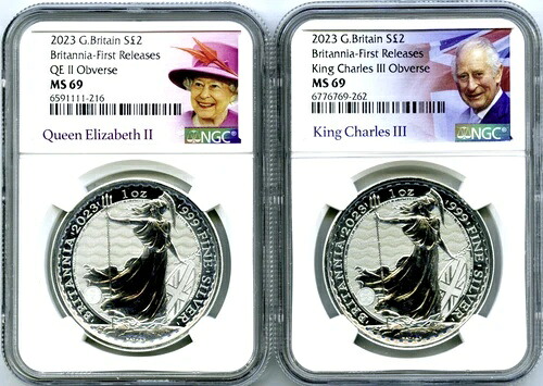 2023年 2ポンド シルバー ブリタニア エリザベス女王＆チャールズ国王 NGC MS69 2枚セット｜WORLD RESOURCE【KING店】