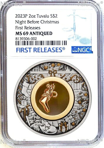 2023年 クリスマス前夜 2オンス 銀貨 + 金箔ストッキングインサート アンティークコイン MS69|WORLD RESOURCE【KING店】