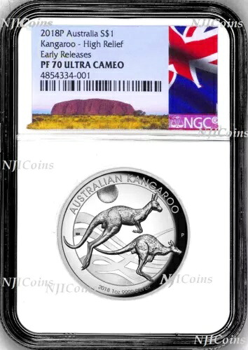 2018年 P オーストラリア ハイリリーフ 1オンス シルバー カンガルー 1ドルコイン NGC PF70 ER 新ラベル|WORLD RESOURCE【KING店】