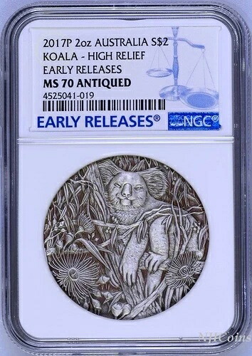 2017年 P オーストラリア コアラ 高浮き彫り アンティーク 2オンス シルバー 2ドルコイン NGC MS70 ER｜WORLD RESOURCE【KING店】 98,010円