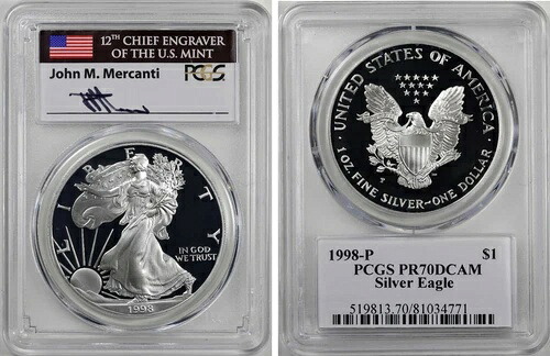 1998-P プルーフ シルバー イーグル PCGS PR70 MERCANTI サイン入り フラッグラベル LOW POP 543｜WORLD RESOURCE【KING店】