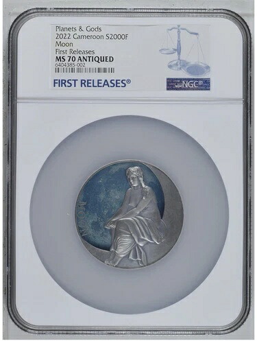 NGC MS70 FR 2022 カメルーン 惑星と神々 月の女神 2オンス アンティークシルバーコイン