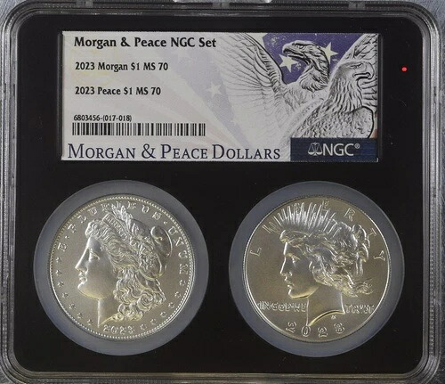 2023 P モーガン＆ピース シルバー ダラー NGC MS70、デュアル コア 2 コイン セット、すぐに発送可能!