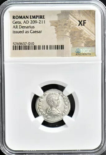 希少品 ローマ帝国、ゲタ AR 銀デナリウス、シーザー発行、NGC XF