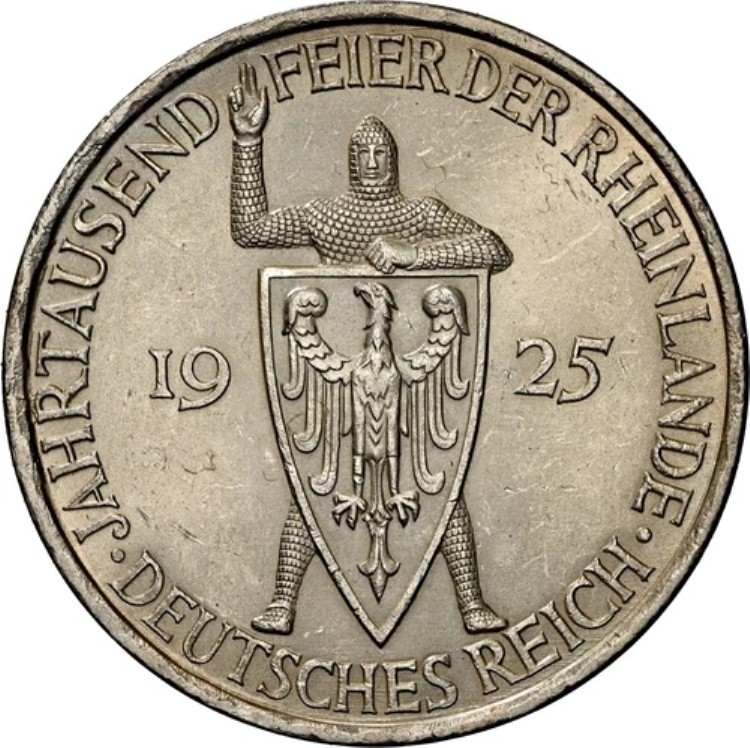5マルク 1925年 ワイマール共和国 ラインラント建国1000年 NGC MS63 銀貨 (1166)-
