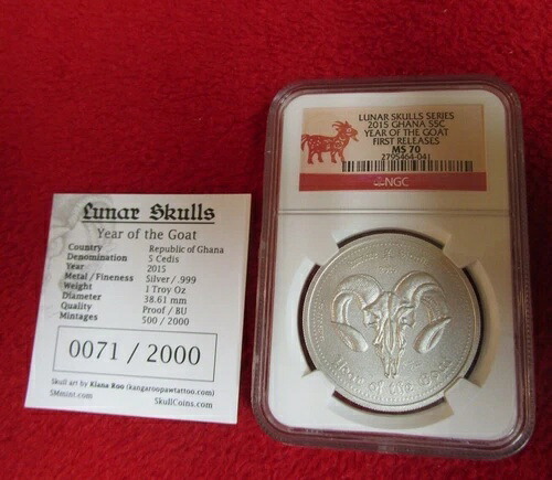 2015年ガーナ ルナ・スカルズ ヤギ年 1オンス シルバーコイン NGC MS70 -- COA付き - #71|WORLD RESOURCE【KING店】