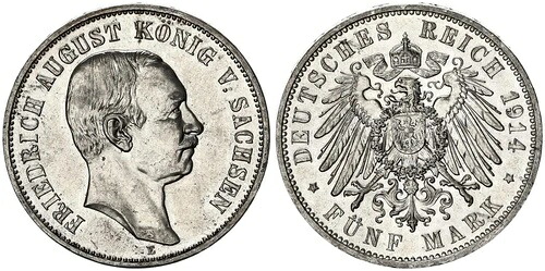 ザクセン 5マルク銀貨 1914年 E フリードリヒ・アウグスト国王 ほぼ未使用