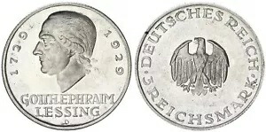 ワイマール 3 ライヒスマルク 1929 D レッシング J.335 EA 反射面付き 124971