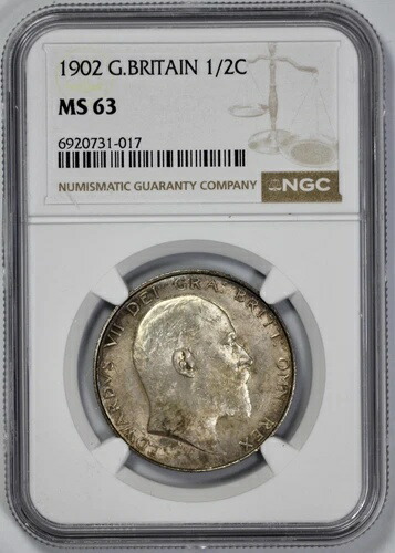 1902年 イギリス シルバー ハーフクラウン 1/2C NGC MS 63