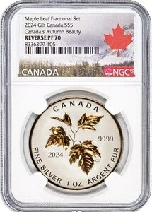2024年 5ドル カナダ 1オンス オータムビューティー シルバー 金箔 リバースプルーフ NGC PF70｜WORLD RESOURCE【KING店】