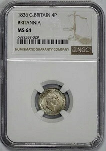 1836年 イギリス 銀貨 4ペンス ブリタニア NGC MS 65