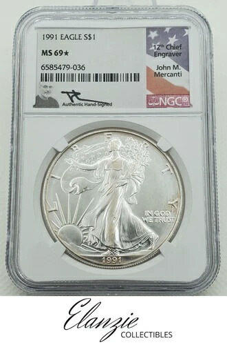 1991年 アメリカン シルバー イーグル メルカンティ NGC MS69 * スター メルカンティ、わずかに変色あり