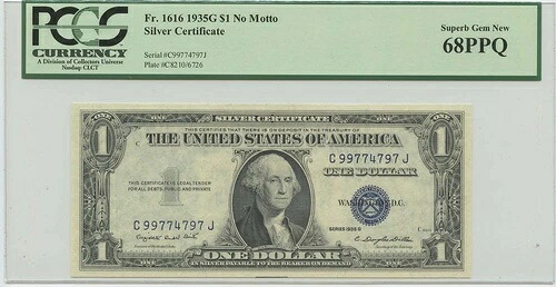1935G $1 シルバー 認定 FR#1616 PCGS 68 スーパージェム PPQ モットーなし｜WORLD RESOURCE【KING店】 133,650円