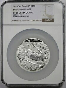 2014年カナダ 5オンス シルバー $50 NGC PF69 ウルトラカメオ スイミングビーバー