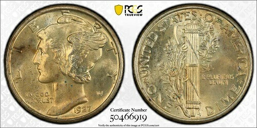 1927年製マーキュリーダイム PCGS MS64FB 136,400円