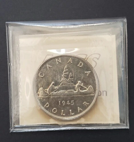 1945年カナダ1ドル銀貨。ICCS鑑定済み。AU-50。キーデート。