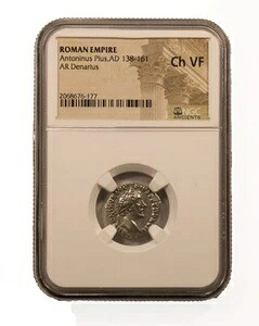 アントニヌス・ピウス帝（西暦138-161年）のローマ銀貨デナリウス - NGC CH-VF