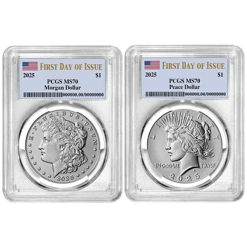先行販売 - 2025 年 1 ドル モーガンおよびピース シルバー ダラー 2 枚セット PCGS MS70 FDOI フラグ ...